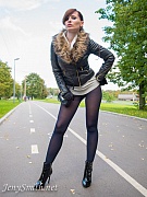 Jeny Smith in dark-blue tights